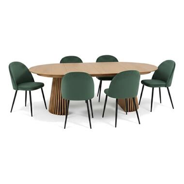 Hioshop Tokyo eethoek eettafel natuur- 6 stoelen met groene velours bekleding