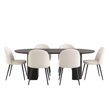 Hioshop Kyoto eethoek eettafel donkerbruin- 6 stoelen met beige ribfluweel