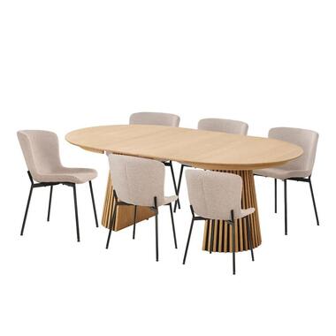 Hioshop Osaka eethoek 1 eettafel eikenfineer en 6 stoelen beige