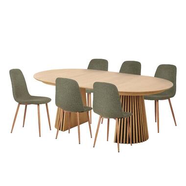 Hioshop Osaka eethoek 1 eettafel eikenfineer en 6 stoelen donkergroen