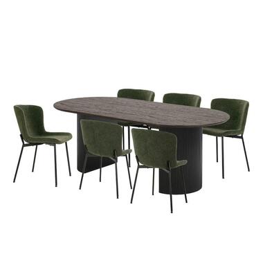 Hioshop Kyoto eethoek 1 eettafel donkerbruin en 6 stoelen donkergroen