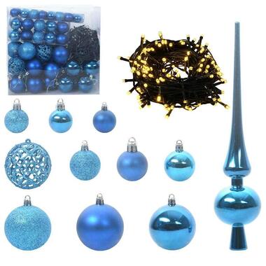 vidaXL Kerstballen set met 300 LED - 120x - Ø3/4/6 cm - Blauw - Kunststof - Mix