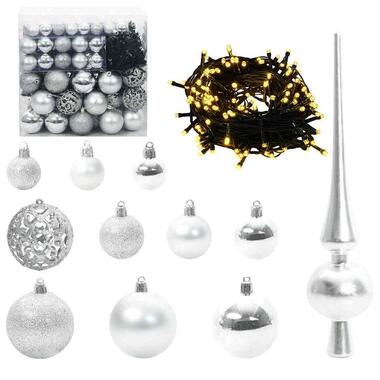vidaXL Kerstballen set met 300 LED - 120x - Ø3/4/6 cm - Zilver - Kunststof - Mix