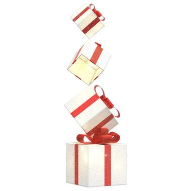 vidaXL - Kerstdecoratie geschenkdoos met LED's 25x25x100 cm - Wit en rood - Stof