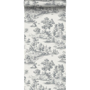 Sanders & Sanders behang toile de jouy print donkergrijs - 53 cm x 10 m