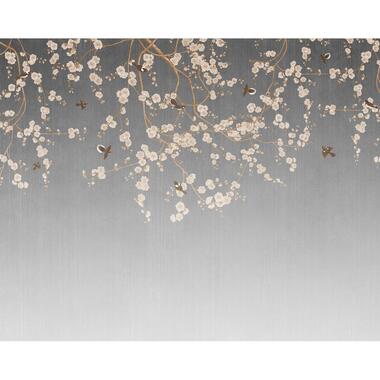 Sanders & Sanders fotobehang bloemen en vogels vergrijsd blauw - 3.5 x 2.79 m