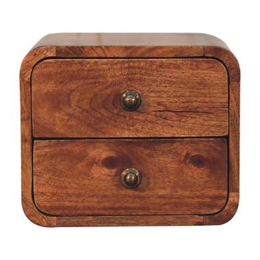 Mini gebogen nachtkastje, honing-karamelkleur, wandmontage, 2 laden, bruin