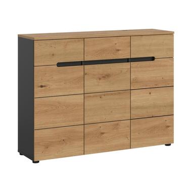 Hioshop Canu schoenenkast 3 deuren- 3 lades eiken decor- grijs