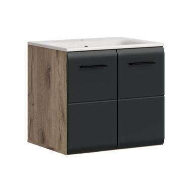 Hioshop Ice wastafel inclusief was 2 deuren zwart mat- eiken decor