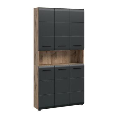 Hioshop Ice badkamerkast 6 deuren- 1 plank zwart mat- eiken decor
