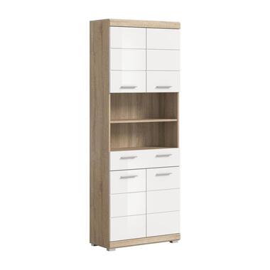 Hioshop Lambada kolomkast 4 deuren- 1 lade- 2 planken wit hoogglans- eiken