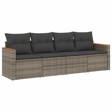 vidaXL 4-delige Loungeset met kussens en hout armsteun - Grijs - Poly rattan