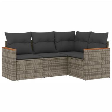 vidaXL Loungeset met kussens en hout armsteun - Grijs - Poly rattan - 4 stuks
