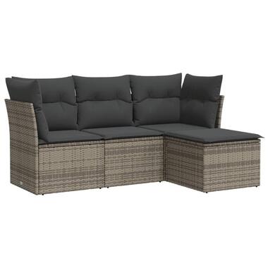 vidaXL Tuin-loungeset met kussens - set van 4 - Grijs - Poly Rattan
