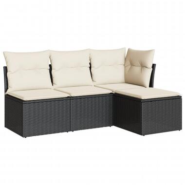 vidaXL 4-delige Loungeset met kussens - Zwart en crème - Poly rattan