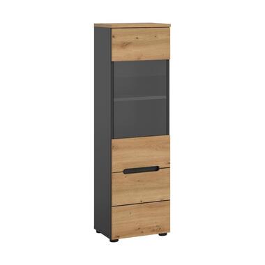 Hioshop Canu vitrinekast 1 glasdeur eiken decor- donkergrijs