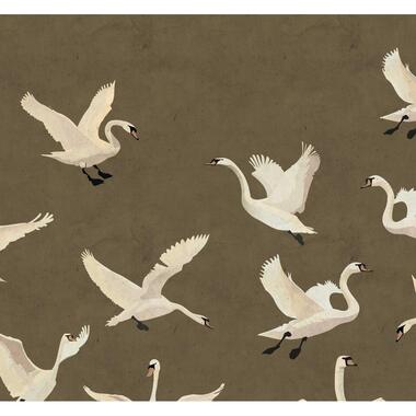 ESTAhome fotobehang zwanen olijfgroen - 3 x 2.79 m