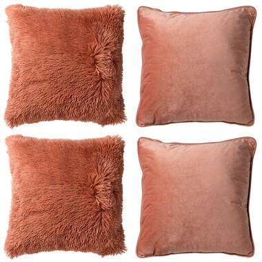 KUSSENSET - 4-delig Fluffy & Velvet - 45x45 cm - inclusief binnenkussens - roze