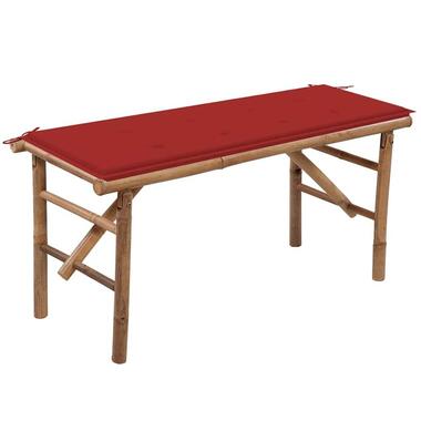 vidaXL - Inklapbaar Tuinbank met rood kussen - Bamboe - 118x38x45 cm
