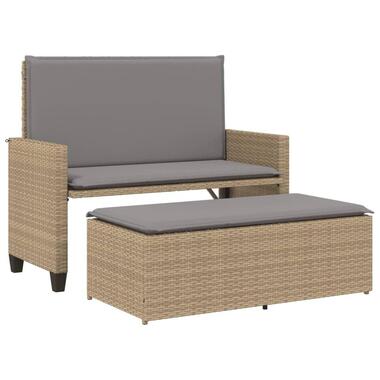 vidaXL - Tuinbank met kussens en voetenbank - Beige - Poly rattan - 122x55x97 cm