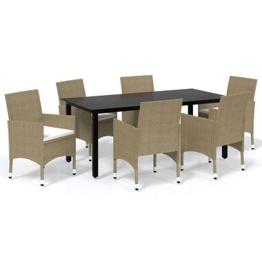 vidaXL - 7-delige Tuinset met wit kussens - Beige poly rattan - 190x90 cm