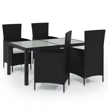 vidaXL - 5-delige Tuinset met wit kussens - Zwart poly rattan & glas - 150x90 cm