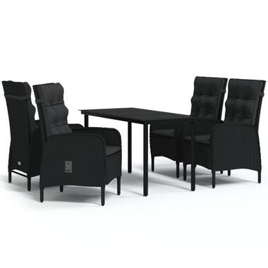 vidaXL - 5-delige Tuinset met kussens - Zwart PE rattan en glas - 140x70 cm