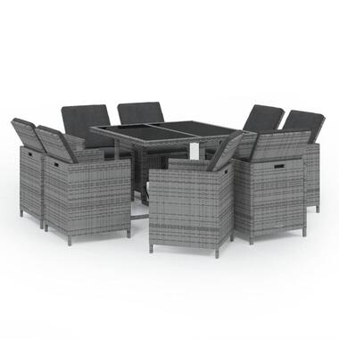 vidaXL - 9-delige Tuinset met kussens - Grijs poly rattan en glas - 109x107 cm