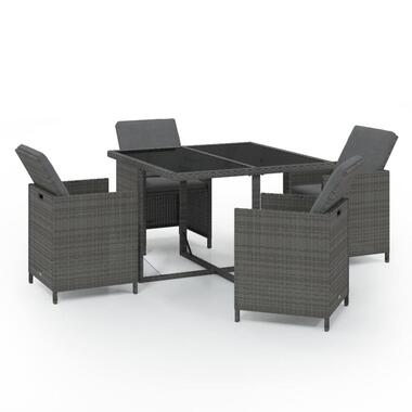 vidaXL - 5-delige Tuinset met kussens - Grijs poly rattan en glas - 109x107 cm