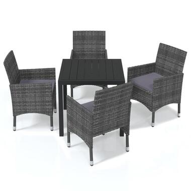 vidaXL - 5-delige Tuinset met kussens - Grijs - Poly rattan en HKC - 80x80 cm