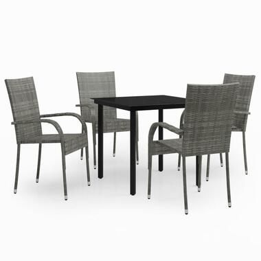 vidaXL - 5-delige Tuinset - 4 grijs PE rattan fauteuils en 80x80 cm zwart tafel