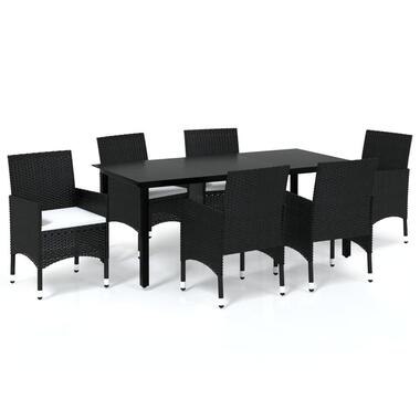 vidaXL - 7-delige Tuinset met wit kussens - Zwart poly rattan & glas - 190x90 cm
