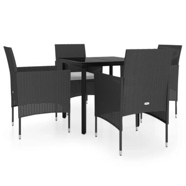vidaXL - 5-delige Tuinset met wit kussens - Zwart PE rattan en glas - 80x80 cm