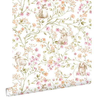 ESTAhome behang konijnen groen, roze en oranje - 0.53 x 10.05 m