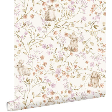 ESTAhome behang konijnen lichtpaars, groen en beige - 0.53 x 10.05 m