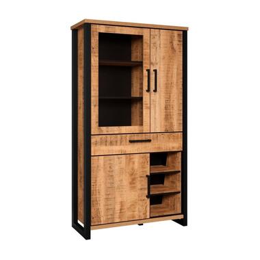 Hioshop Enna vitrinekast 3 deuren- 1 lade- 3 planken mango decor