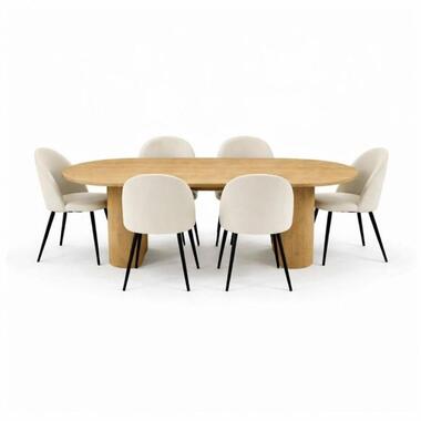 Hioshop Kyoto eethoek eettafel 100x210cm natuur- 6 stoelen velours beige