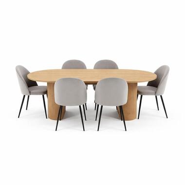 Hioshop Kyoto eethoek eettafel 100x210cm natuur- 6 stoelen velours grijze
