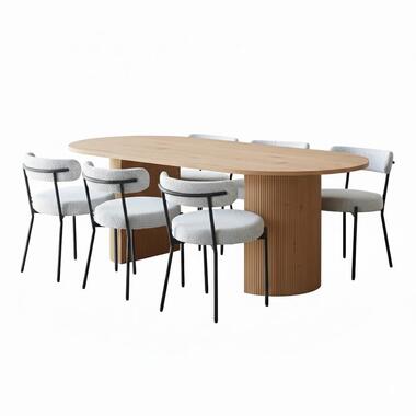 Hioshop Kyoto eethoek eettafel 100x210cm natuur- 6 stoelen bouclé wit