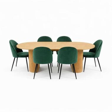 Hioshop Kyoto eethoek eettafel 100x210cm natuur- 6 stoelen velours groen