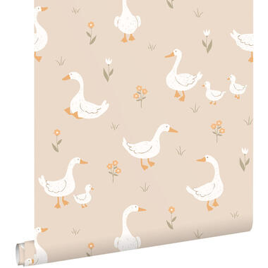 ESTAhome behang schattige ganzen beige en oranje - 50 x 900 cm