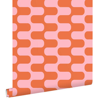ESTAhome behang golvende lijnen oranje en roze - 50 x 900 cm