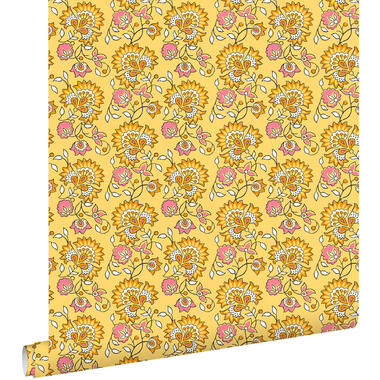 ESTAhome behang vintage bloemen geel en roze - 50 x 900 cm