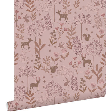 ESTAhome behang bos met bosdieren oudroze en paars - 50 x 900 cm