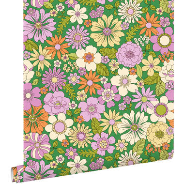 ESTAhome behang retro bloemen groen, paars, beige en oranje - 50 x 900 cm