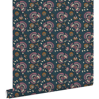 ESTAhome behang vintage bloemen donkerblauw en paars - 50 x 900 cm