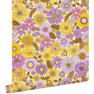 ESTAhome behang retro bloemen geel en paars - 50 x 900 cm