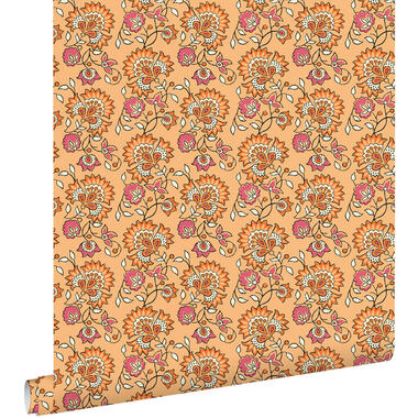 ESTAhome behang vintage bloemen oranje en roze - 50 x 900 cm