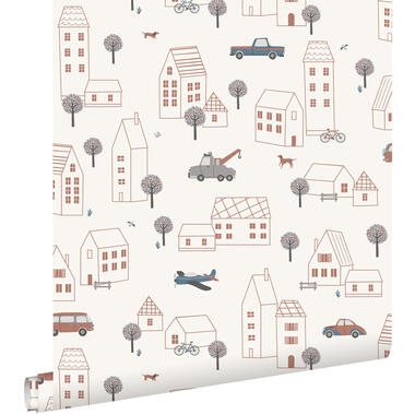 ESTAhome behang voertuigen beige, blauw en rood - 50 x 900 cm