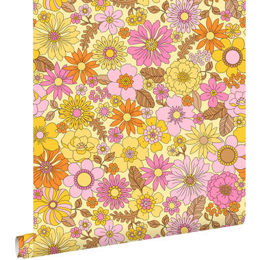 ESTAhome behang retro bloemen geel, roze en oranje - 50 x 900 cm